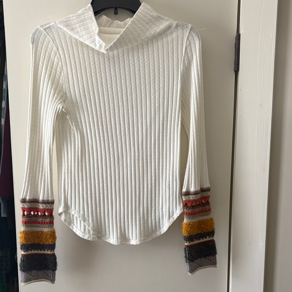 Free People Cream Ribbed Funnel Neck Top with Multicolor Patterned Cuffs